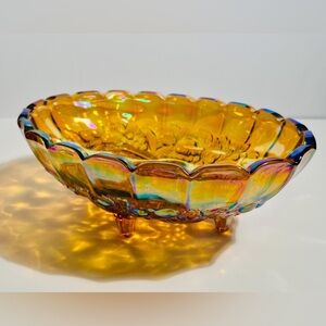 Vintage Indiana Glass Footed Amber Oval Carnival Glass Bowl